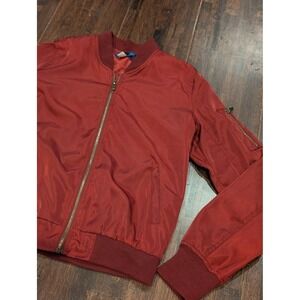 Vintage Sateen Bomber Jacket Womens Med Burgundy Red‎ Full Zip Rib Knit Cuffs